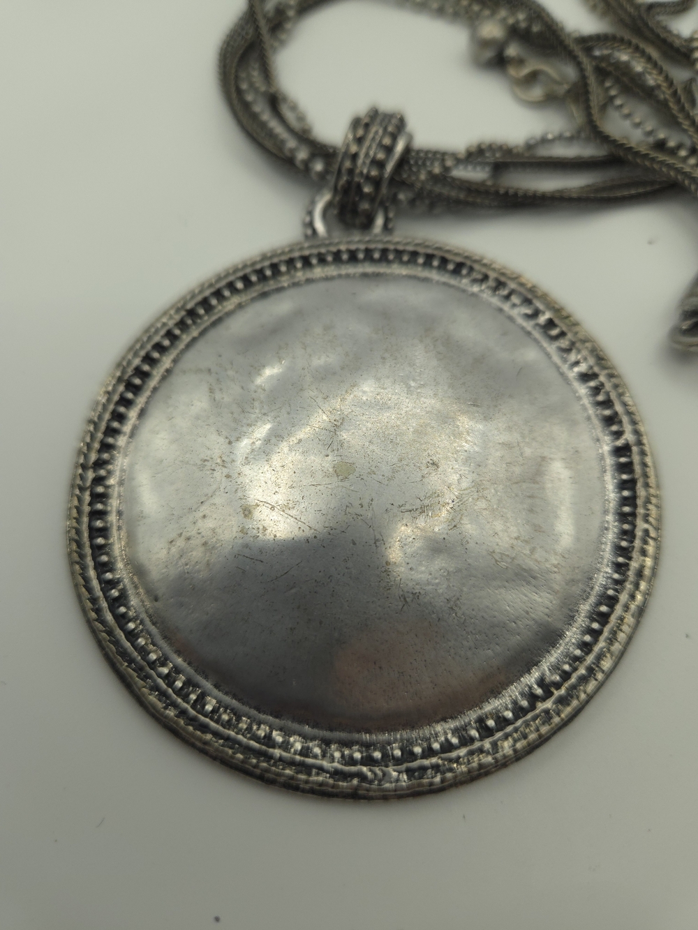 Chico's Necklace Round Pendant Silvertone Multi-Strand Artisan Sculptural Ethnic